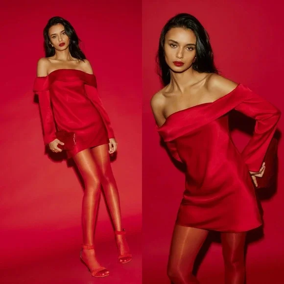 NWT Reformation Maves Mini Dress Cherry | Red Satin Off The Shoulder XS - Picture 1 of 6